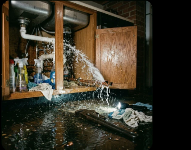 Burst pipe under a sink needing an emergency plumber in Opelika AL